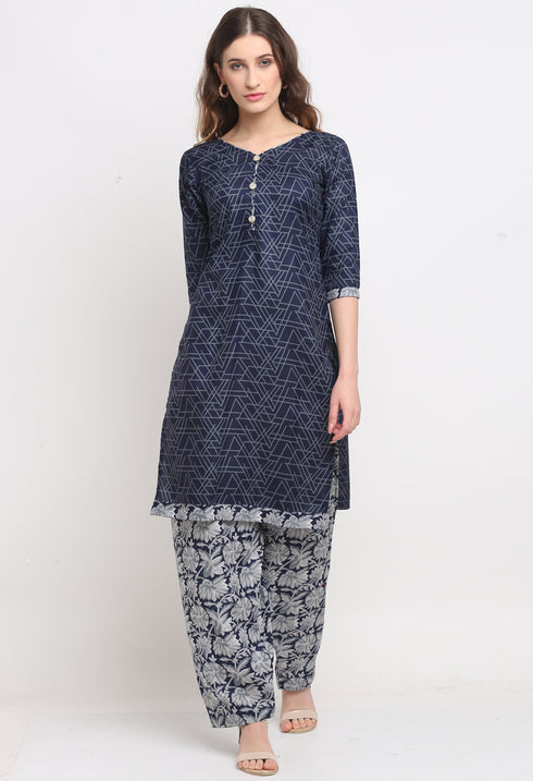 Blue Polyester Cotton Printed Salwar Suit with Dupatta