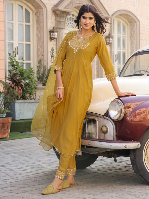 Mustard Poly Silk Embroidered Anarkali Kurta & Pant With Dupatta