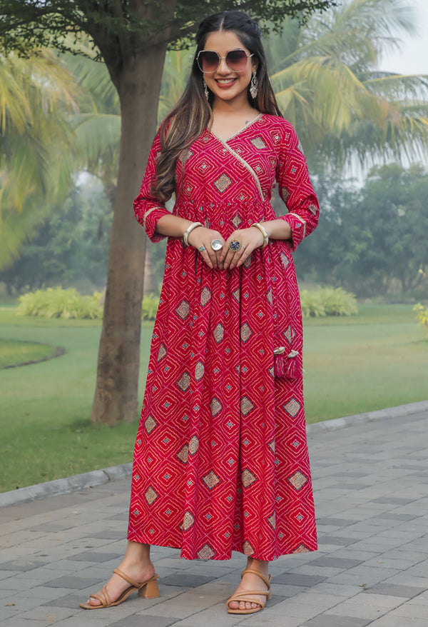 Pink Rayon Printed Anarkali Bandhani Gown
