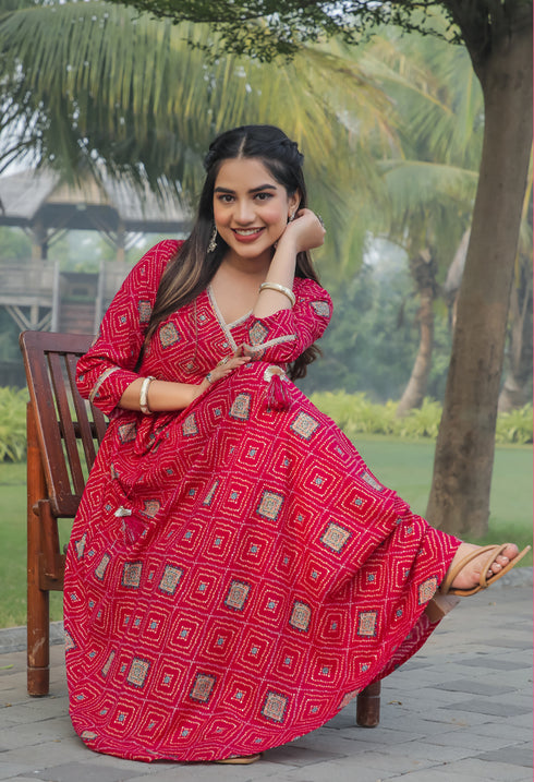 Pink Rayon Printed Anarkali Bandhani Gown
