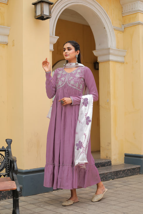 Women's Light Purple Poly Silk Embroidered Anarkali Kurta With Dupatta