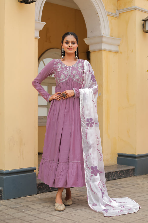 Women's Light Purple Poly Silk Embroidered Anarkali Kurta With Dupatta