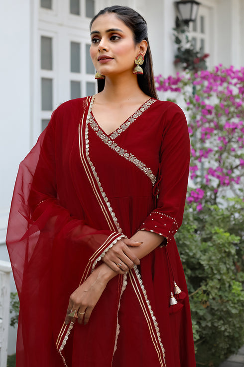 Maroon Women's Poly Silk Hand Work Gown With Dupatta
