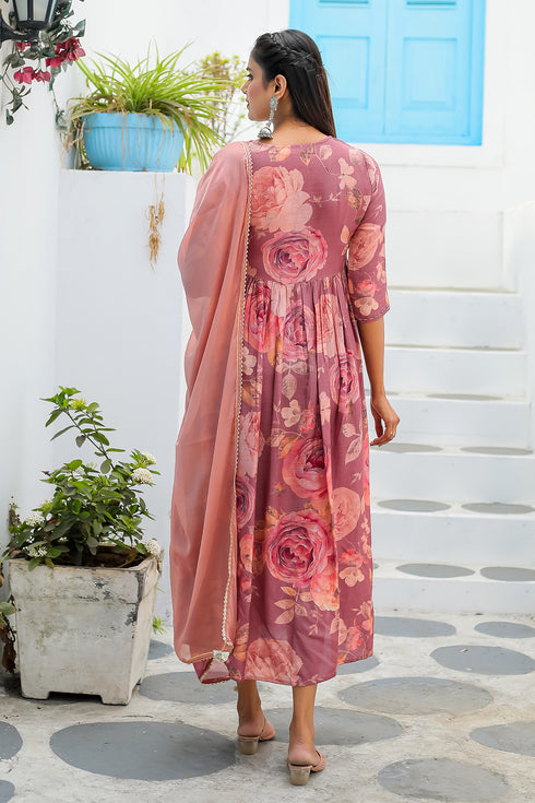 Gajari Pink Viscous Digital Printed Gown With Dupatta
