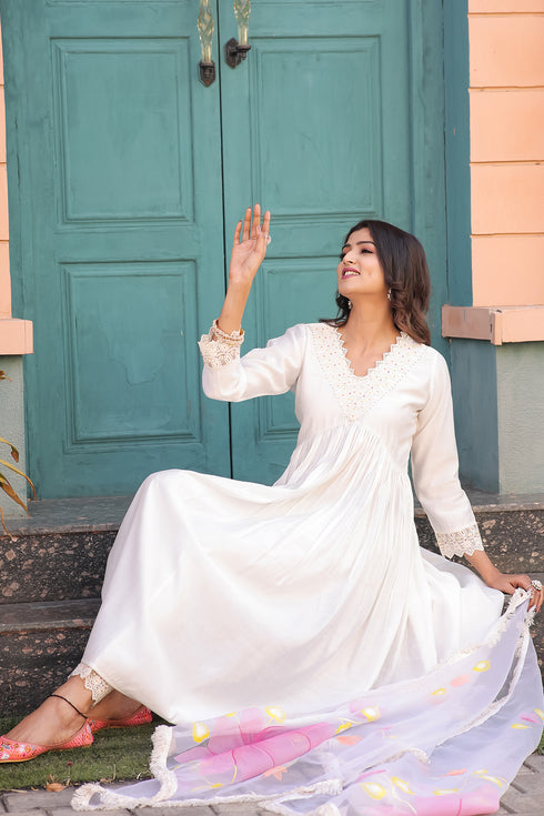 White Poly Silk Embroidered Alia cut Kurta & Pant With Dupatta