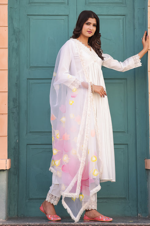 White Poly Silk Embroidered Alia cut Kurta & Pant With Dupatta
