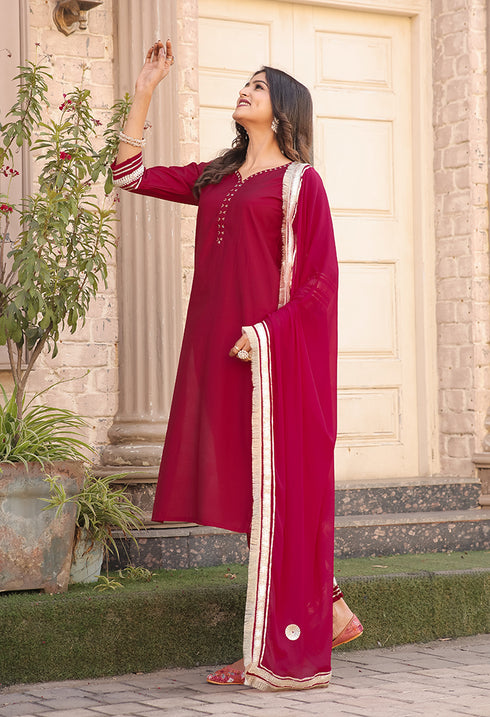 Pink Poly Silk Solid Kurta Set With Dupatta