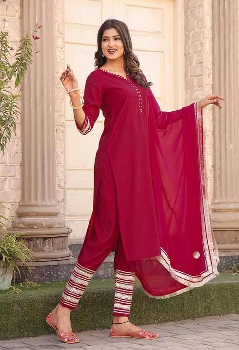Pink Poly Silk Solid Kurta Set With Dupatta