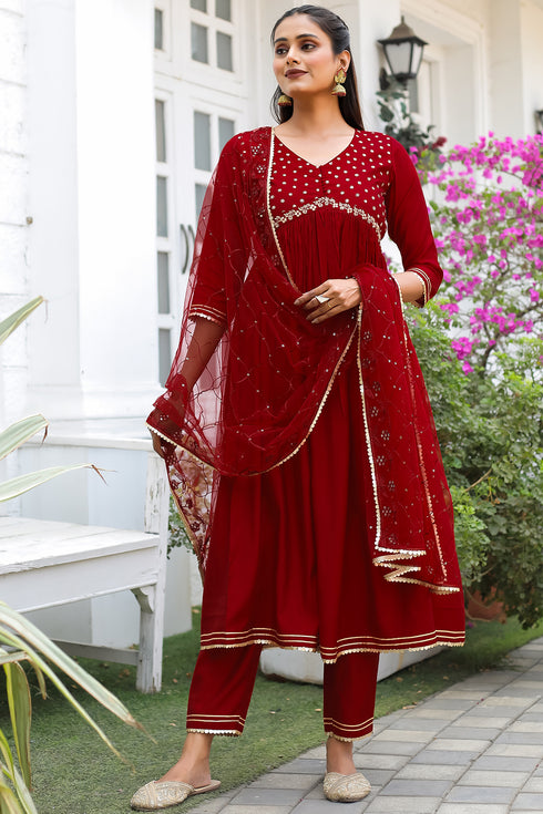 Maroon Poly Silk Embroidered Anarkali Kurta & Pant With Dupatta