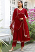 Maroon Poly Silk Embroidered Anarkali Kurta & Pant With Dupatta