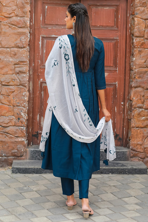 Women's Teal Blue Poly Silk Embroidered Anarkali Kurta & Pant With Dupatta