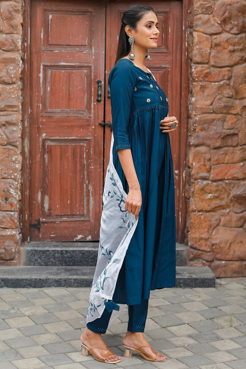 Women's Teal Blue Poly Silk Embroidered Anarkali Kurta & Pant With Dupatta