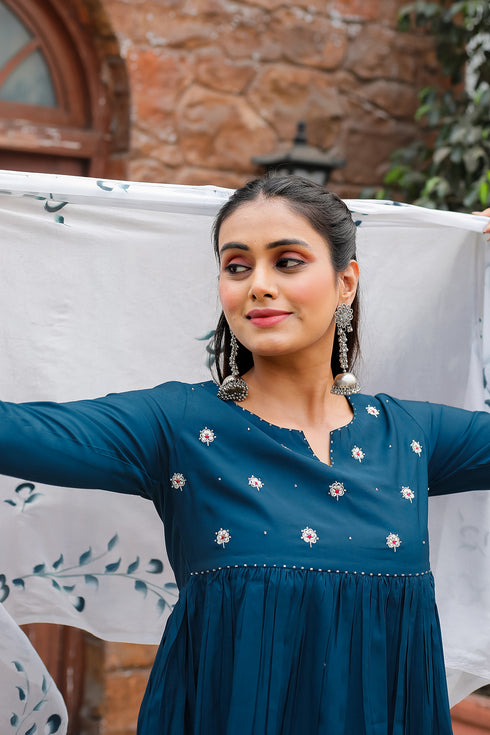 Women's Teal Blue Poly Silk Embroidered Anarkali Kurta & Pant With Dupatta