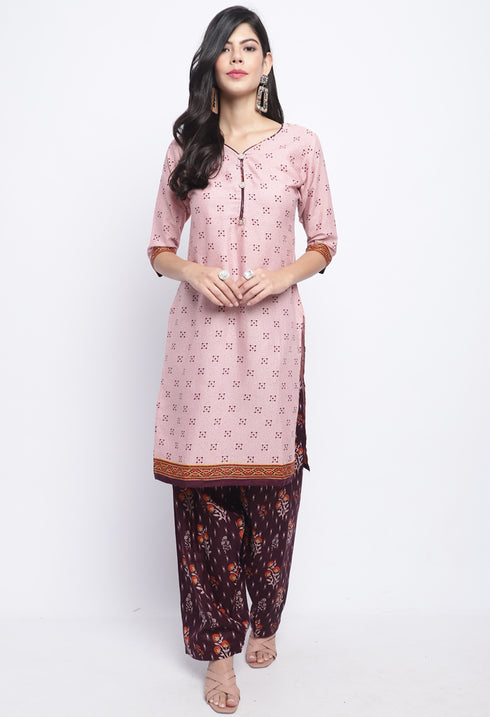 Dusty Pink Polyester Cotton Printed Salwar Suit with Dupatta