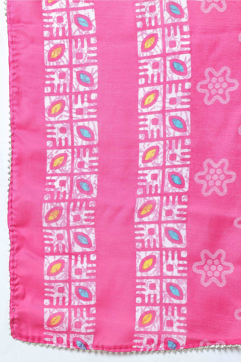Pink Cotton Blend Jaipuri Printed Kurta With Pant & Dupatta