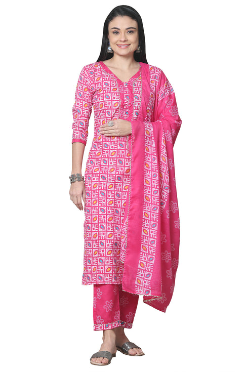 Pink Cotton Blend Jaipuri Printed Kurta With Pant & Dupatta
