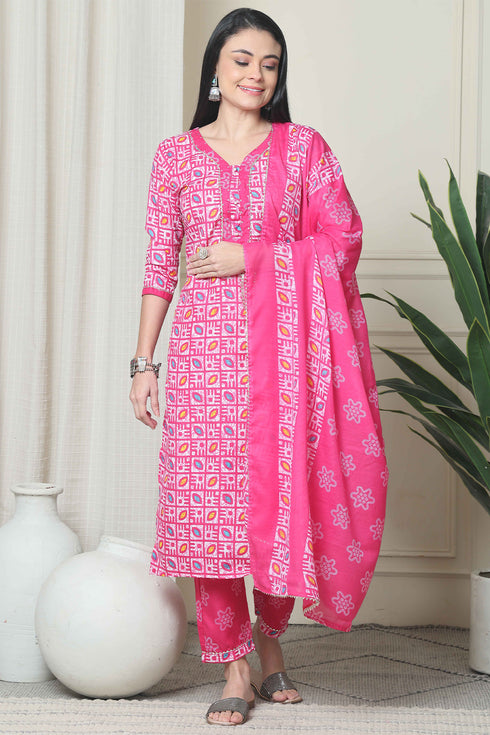 Pink Cotton Blend Jaipuri Printed Kurta With Pant & Dupatta