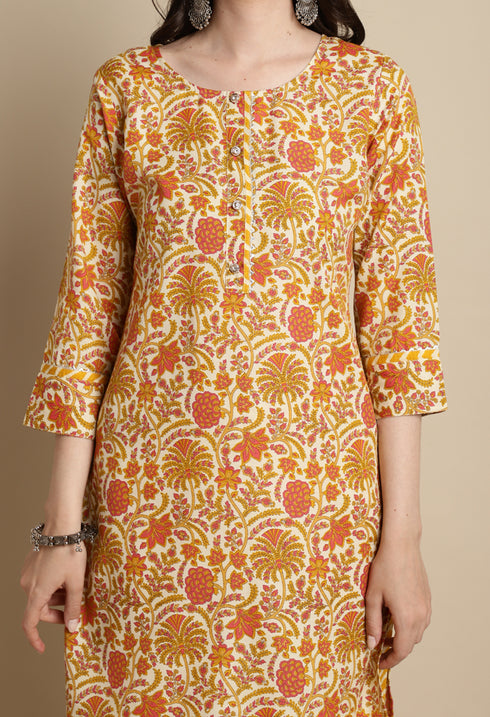Yellow & Orange Cotton Blend Jaipuri Printed Kurta With Pant & Dupatta