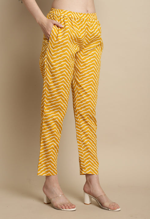 Yellow & Orange Cotton Blend Jaipuri Printed Kurta With Pant & Dupatta