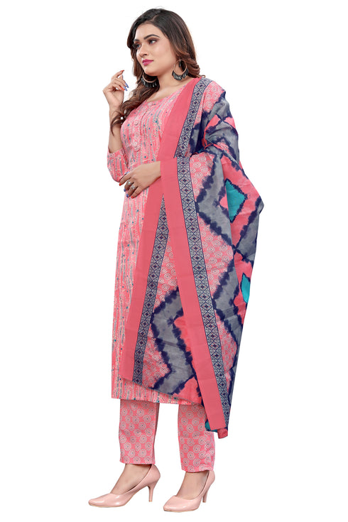 Light Pink PC Cotton Embroidered Straight Kurta & Pant With Dupatta