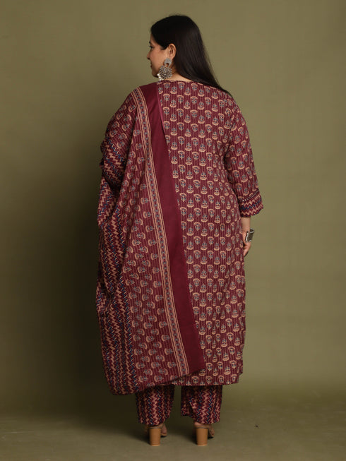 Wine & Beige Cotton Blend Jaipuri Printed Plus Size Kurta & Pant With Dupatta