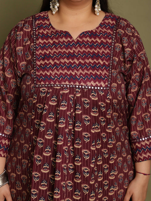 Wine & Beige Cotton Blend Jaipuri Printed Plus Size Kurta & Pant With Dupatta