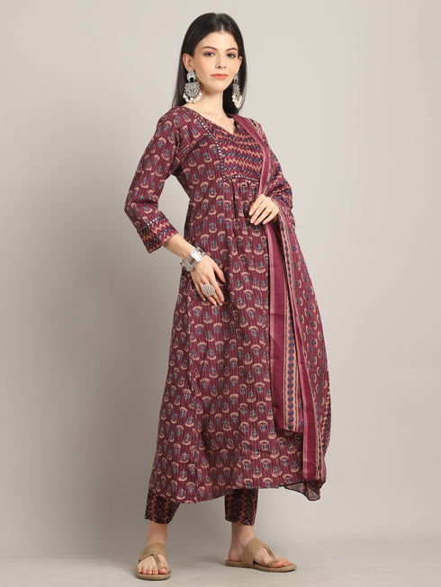 Women's Wine & Beige Cotton Blend Embroidered A-Line Kurta & Pant With Dupatta