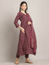 Women's Wine & Beige Cotton Blend Embroidered A-Line Kurta & Pant With Dupatta