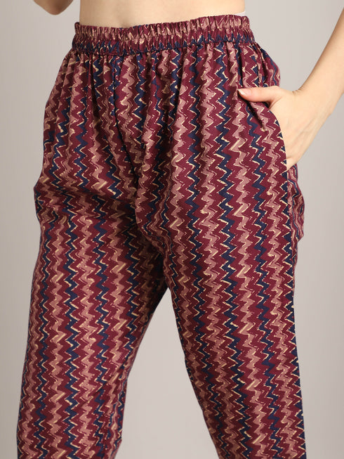 Women's Wine & Beige Cotton Blend Embroidered A-Line Kurta & Pant With Dupatta