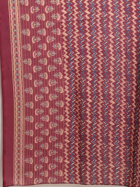 Wine & Beige Cotton Blend Jaipuri Printed Plus Size Kurta & Pant With Dupatta