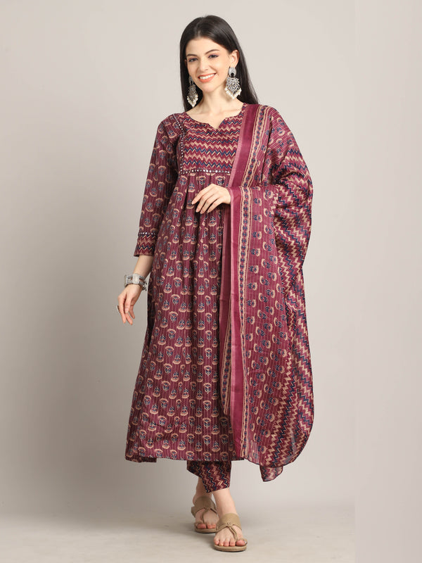 Women's Wine & Beige Cotton Blend Embroidered A-Line Kurta & Pant With Dupatta