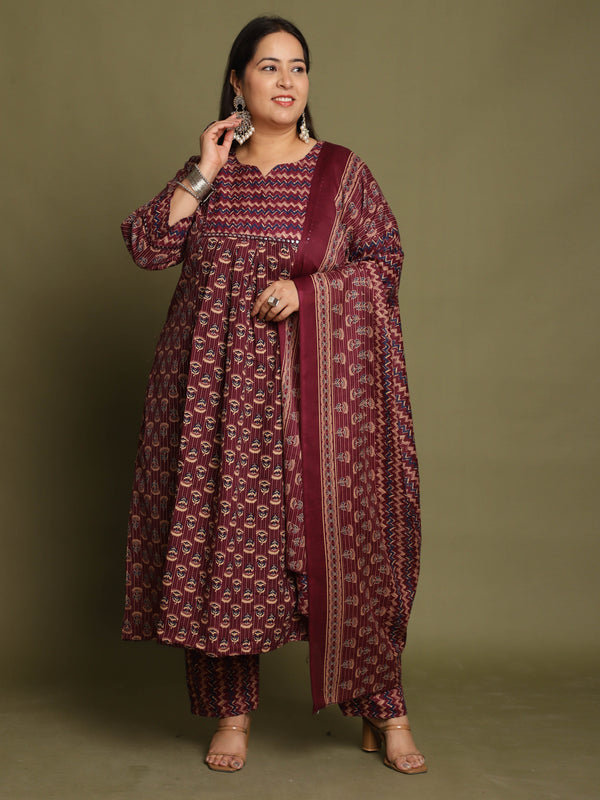 Wine & Beige Cotton Blend Jaipuri Printed Plus Size Kurta & Pant With Dupatta