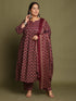 Wine & Beige Cotton Blend Jaipuri Printed Plus Size Kurta & Pant With Dupatta