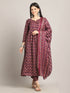 Women's Wine & Beige Cotton Blend Embroidered A-Line Kurta & Pant With Dupatta