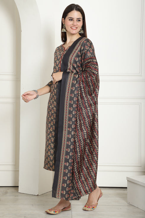 Grey & Maroon Cotton Embroidered Straight Kurta & Pant With Dupatta