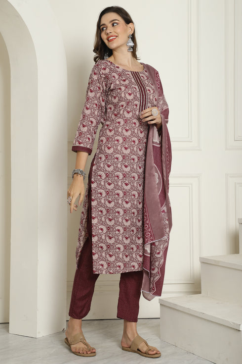 Wine Cotton Blend Embroidered Straight Kurta & Pant With Dupatta