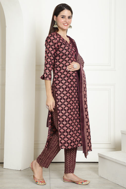 Wine & Beige Cotton Embroidered Straight Kurta & Pant With Dupatta