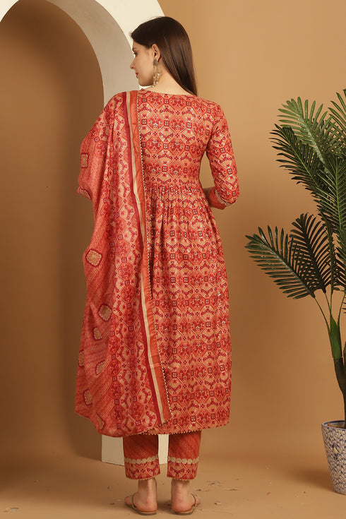Orange Cotton Slub Embroidered Alia cut Kurta & Pant With Dupatta