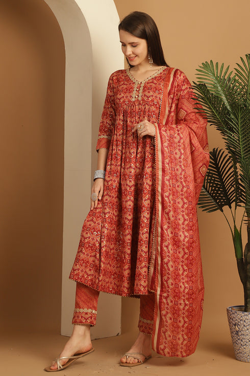 Orange Cotton Slub Embroidered Alia cut Kurta & Pant With Dupatta