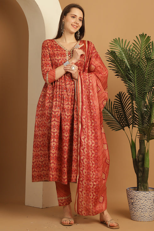 Orange Cotton Slub Embroidered Alia cut Kurta & Pant With Dupatta