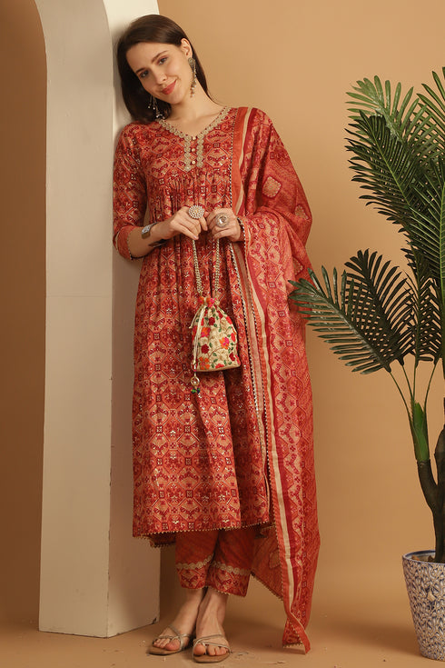 Orange Cotton Slub Embroidered Alia cut Kurta & Pant With Dupatta