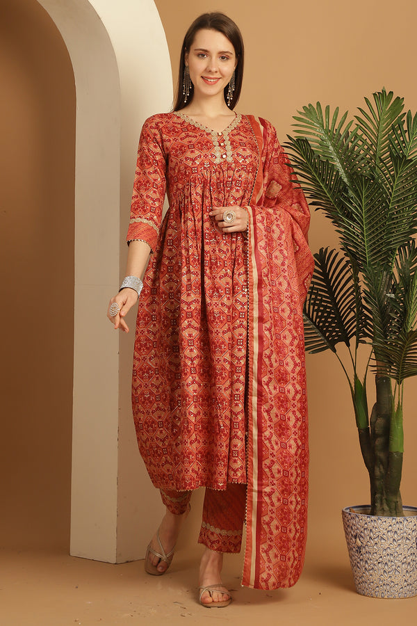 Orange Cotton Slub Embroidered Alia cut Kurta & Pant With Dupatta