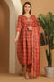 Orange Cotton Slub Embroidered Alia cut Kurta & Pant With Dupatta