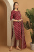 Wine Cotton Embroidered Straight Kurta & Pant With Dupatta