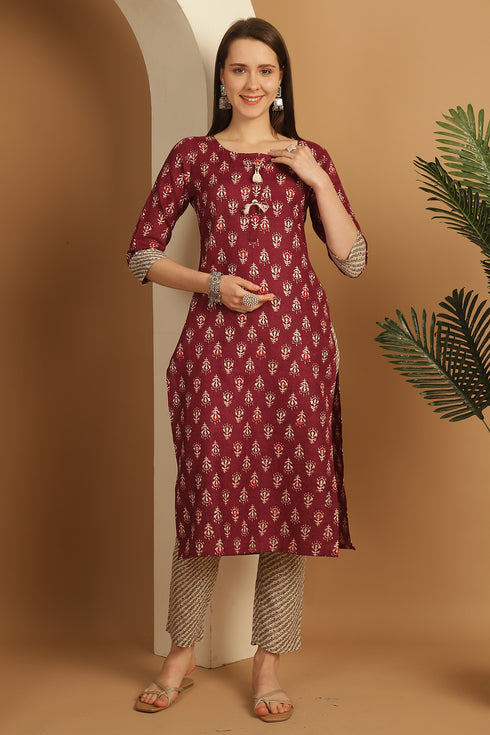 Wine Cotton Embroidered Straight Kurta & Pant With Dupatta