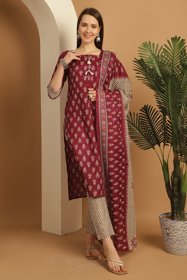 Wine Cotton Embroidered Straight Kurta & Pant With Dupatta