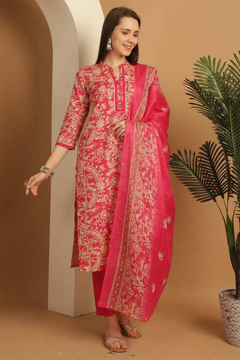 Pink & Beige Cotton Blend Embroidered Straight Kurta & Pant With Dupatta