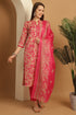 Pink & Beige Cotton Blend Embroidered Straight Kurta & Pant With Dupatta
