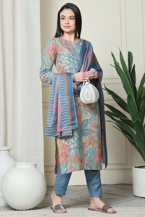 Multicolor Women Cotton Blend Floral Printed Kurta & Pant With Dupatta