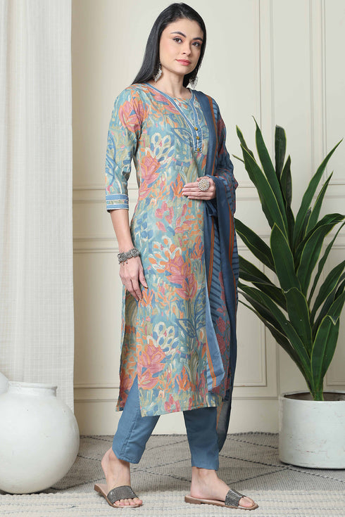 Multicolor Women Cotton Blend Floral Printed Kurta & Pant With Dupatta